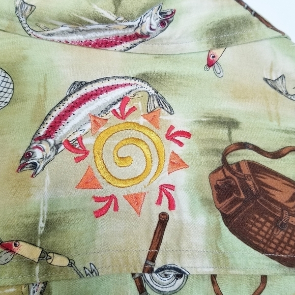 Homemade novelty print‎ Fishing embroidery mens button up shirt chest pocket L - Picture 5 of 9